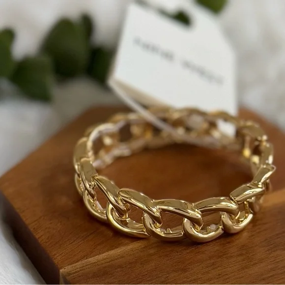 NINE WEST NWT Set! Gold Tone Curb Chain Stretch Bracelet + Long Hoop Earrings - Picture 7 of 14